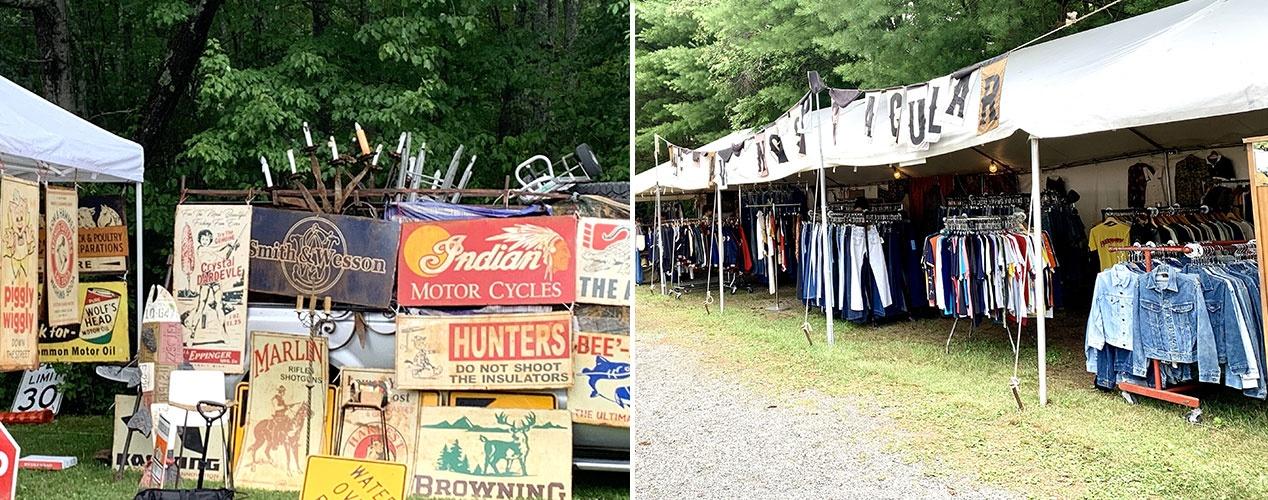 Photos from Brimfield Antique Flea Market highlighting displays of classic antique signs and vintage clothes